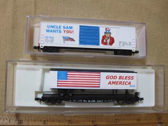 Two N Scale Box Cars Atlas God Bless America 91101, Life-Like Evans 50' Uncle Sam 10048 US8993 5oz