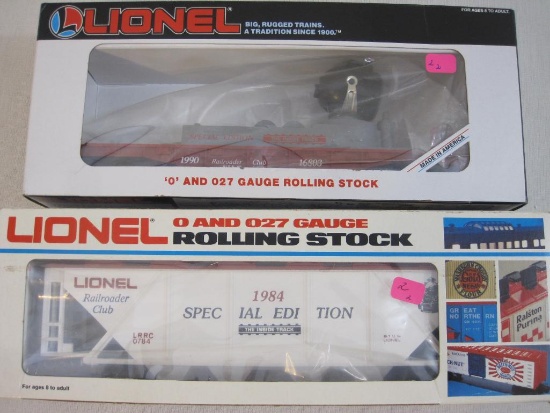 Two Lionel Railroad Club Train Cars including 1990 Searchlight Car 6-16803 and 1984 Covered Hopper