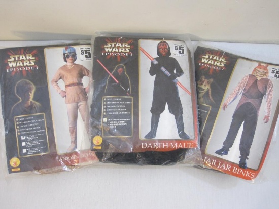 Three Vintage Star Wars Halloween Costumes including Anakin Skywalker (kids small), Darth Maul (kids