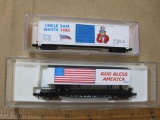 Two N Scale Box Cars Atlas God Bless America 91101, Life-Like Evans 50' Uncle Sam 10048 US8993 5oz