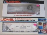 Two Lionel Railroad Club Train Cars including 1990 Searchlight Car 6-16803 and 1984 Covered Hopper