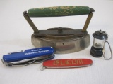 Lot of Assorted Collectibles including Vintage Hand Iron, pocket knives and more 2lb4oz