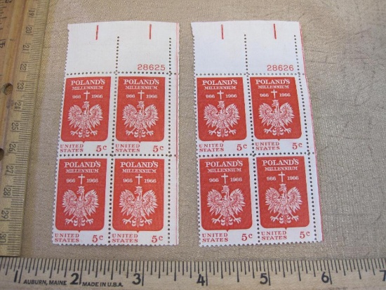 Two Blocks of Four 5 Cent Poland's Millenium US Postage Stamps Scott #1313