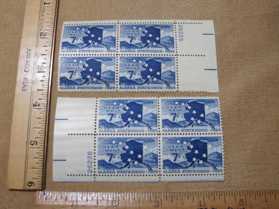 Two Blocks of Four 7 Cent Alaska Statehood 1959 US Postage Stamps Scott #C53