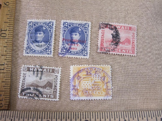 Five Hawaii Postage Stamps, 1891 Elua Keneta Scott #52, 1893 Elua ...