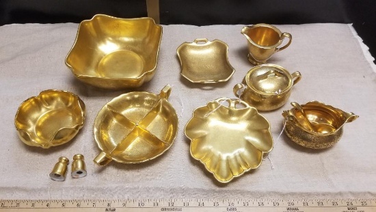 Lot of Beautiful Pickard Gold Painted Serving Dishes, Large Serving Bowl, Leaf Candy Dish, creamer,