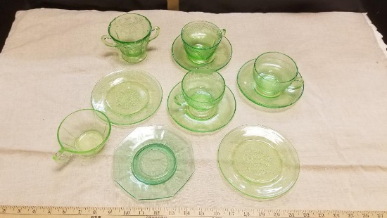 11 pcs Green Depression Glass, Cups with Saucers and more
