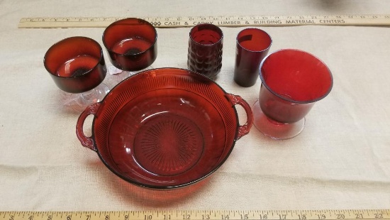Six Red Glass Dishes, dessert dishes, serving bowl and more