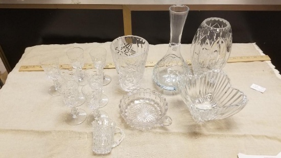 Lot of Heavy Pressed Glass Vases and more, 13 items total