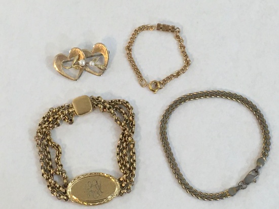 Four Gold Tone Jewelry Items including Speidel Monogram Bracelet, Krementz heart pin and more 8oz