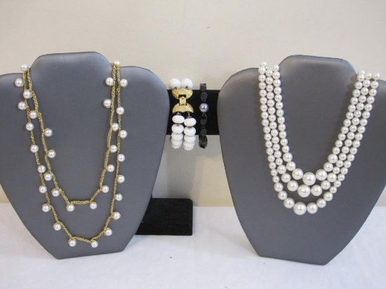 Two Faux Pearl Necklaces and 2 Beaded Bracelets 5oz