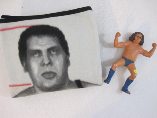 Two Andre the Giant Wrestler Items including 1984 Titan Sports Figure and fleece blanket 1lb10oz