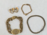 Four Gold Tone Jewelry Items including Speidel Monogram Bracelet, Krementz heart pin and more 8oz
