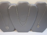 Three Silver Tone Necklaces including Rhinestone-Studded Heart Pendant and more 1oz ship weight