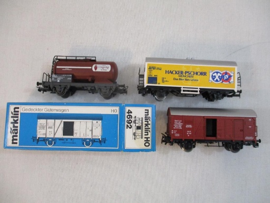 Three HO Scale Train Cars including Marklin 4692 Boxcar in original box, Marklin Hacker-Pschoor