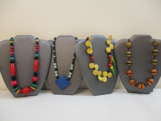 Four Colorful Wooden Beaded Necklaces including Parrots and more, 7 oz