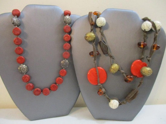 Two Red Tone Beaded Necklaces including glass and wooden beads, 8 oz