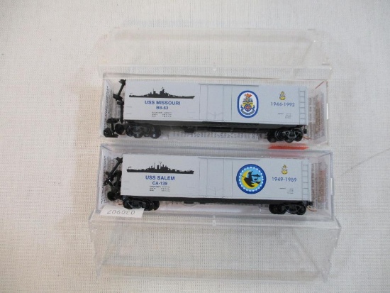 Two Micro Trains Line N Scale Train Cars including USS Salem Navy Series #5 50' Standard Boxcar and