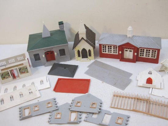 Lot of Plastic Train Display Buildings including Plasticville Police Department, church,