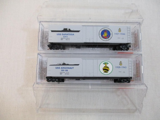 Two Micro Trains Line N Scale Train Cars including USS Saratoga Navy Series #9 50' Standard Boxcar