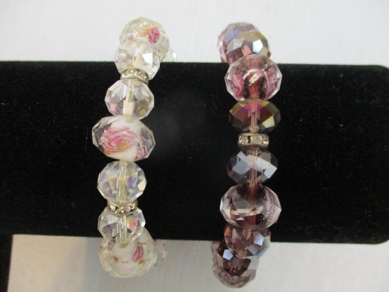 Two Detailed Beaded Stretch Bracelets with Rhinestone Accents, 2 oz