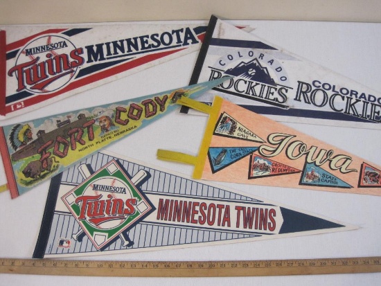 Five Vintage Pennant Flags including Fort Cody (North Platte Nebraska), Iowa, Colorado Rockies,