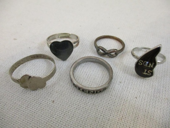 Five Silver Tone Rings including adjustable hearts, best friends and more, 1 oz