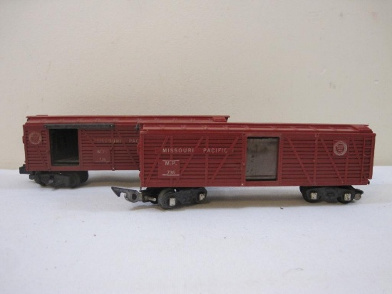 Two AC Gilbert American Flyer Missouri Pacific MP736 Operating Stock Cars, S Gauge, 1 lb 6 oz