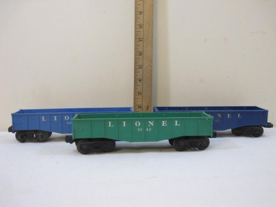 Three Vintage Lionel Gondola Train Cars including 6042, 6142 and 1002, O Scale, metal wheels, 1 lb 1