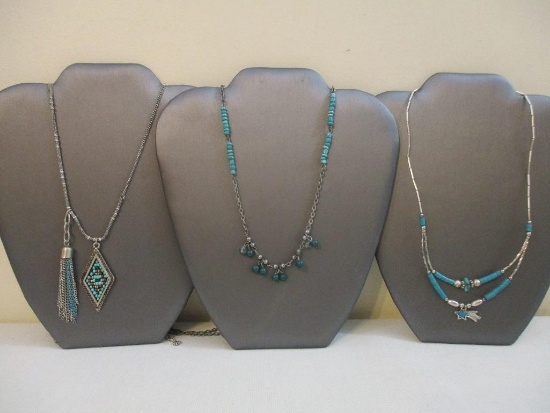 Three Faux Turquoise Silver Tone Necklaces, 2 oz