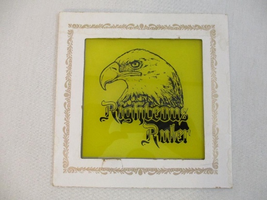 Vintage Righteous Ruler Eagle Carnival Prize Glass Mirror with original sleeve, 6 oz