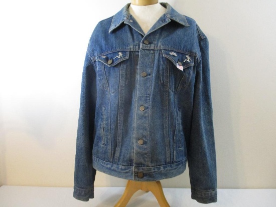 Expressions Denim Jean Jacket with assorted motorcycle and more patches including Suzuki, Yamaha,