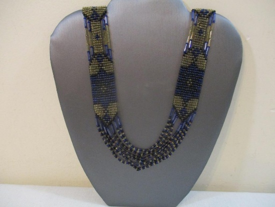 Blue and Amber Gold Glass Seed Bead Woven Necklace, 2 oz