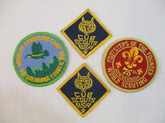 Four Scouting Patches including Cub Scouts BSA, Webelos Adventure Camp Susquehanna Council BSA, and