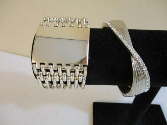 Two Silver Tone Bracelets including clamshell with rhinestones, 4 oz