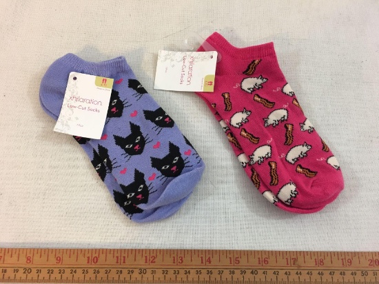 Two New Pairs of Low-Cut Novelty Socks including cats and pigs & bacon, Xhilaration, 2 oz