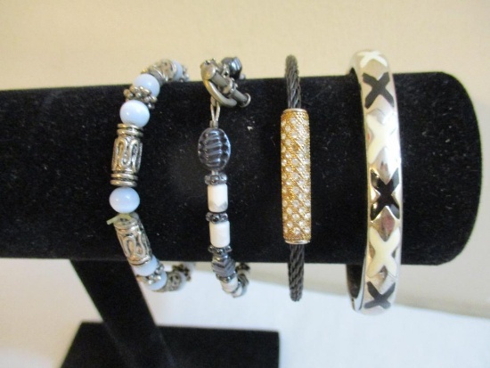 Four Bracelets including X's clamshell bangle, blue beaded and more, 3 oz