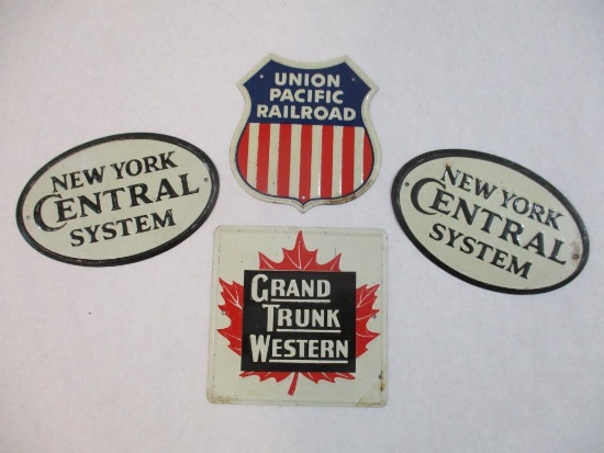 Four 1950s Post Cereal Metal Railroad Signs including New York Central System, Grand Trunk Western,