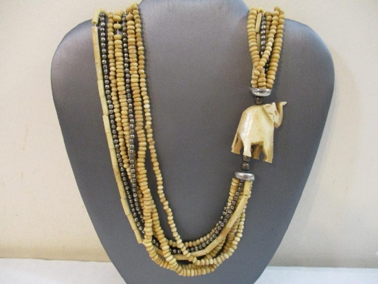 Unique Tribal Bone and Bead Raised Trunk Elephant Necklace, 4 oz