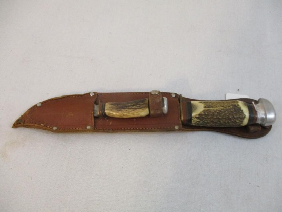 Set of Two Bone Handled Knives in Leather Sheath, Puma Solingen, 1 lb 3 oz