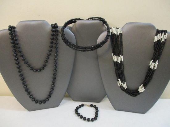 Three Black Beaded Wrap Choker, multi-strand seed bead, faux pearl necklace and more, 5 oz