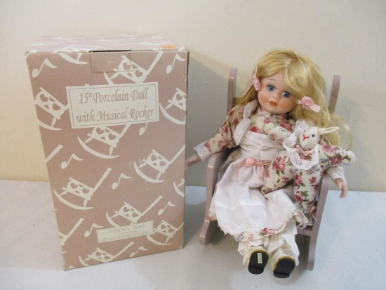 15" Porcelain Doll with Musical Rocker No. 38485, in original box, ABC Distributing Inc, 3 lbs 8 oz