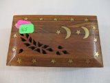 Carved Wood Star and Moon Trinket Box with Brass Inlay, 6 oz