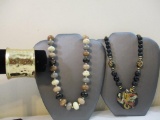 Two Heavy Beaded Statement Necklaces and hammered gold tone cuff bracelet, 9 oz