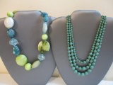 Two Beaded Necklaces including blue and green beads and three-strand turquoise beaded, 4 oz