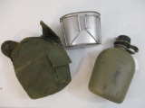Vintage US Military Canteen includes plastic canteen marked Zarn US 1986, metal bowl marked US