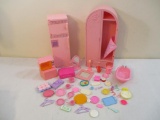 Lot of Vintage Barbie Accessories including refrigerator, kitchen items, dresser and more, see
