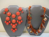 Two Orange/Coral Necklaces including Pineda Covalin Mexico wood and wrapped (seda & alpaca) beaded