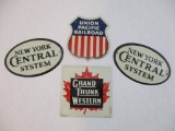 Four 1950s Post Cereal Metal Railroad Signs including New York Central System, Grand Trunk Western,