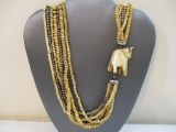 Unique Tribal Bone and Bead Raised Trunk Elephant Necklace, 4 oz